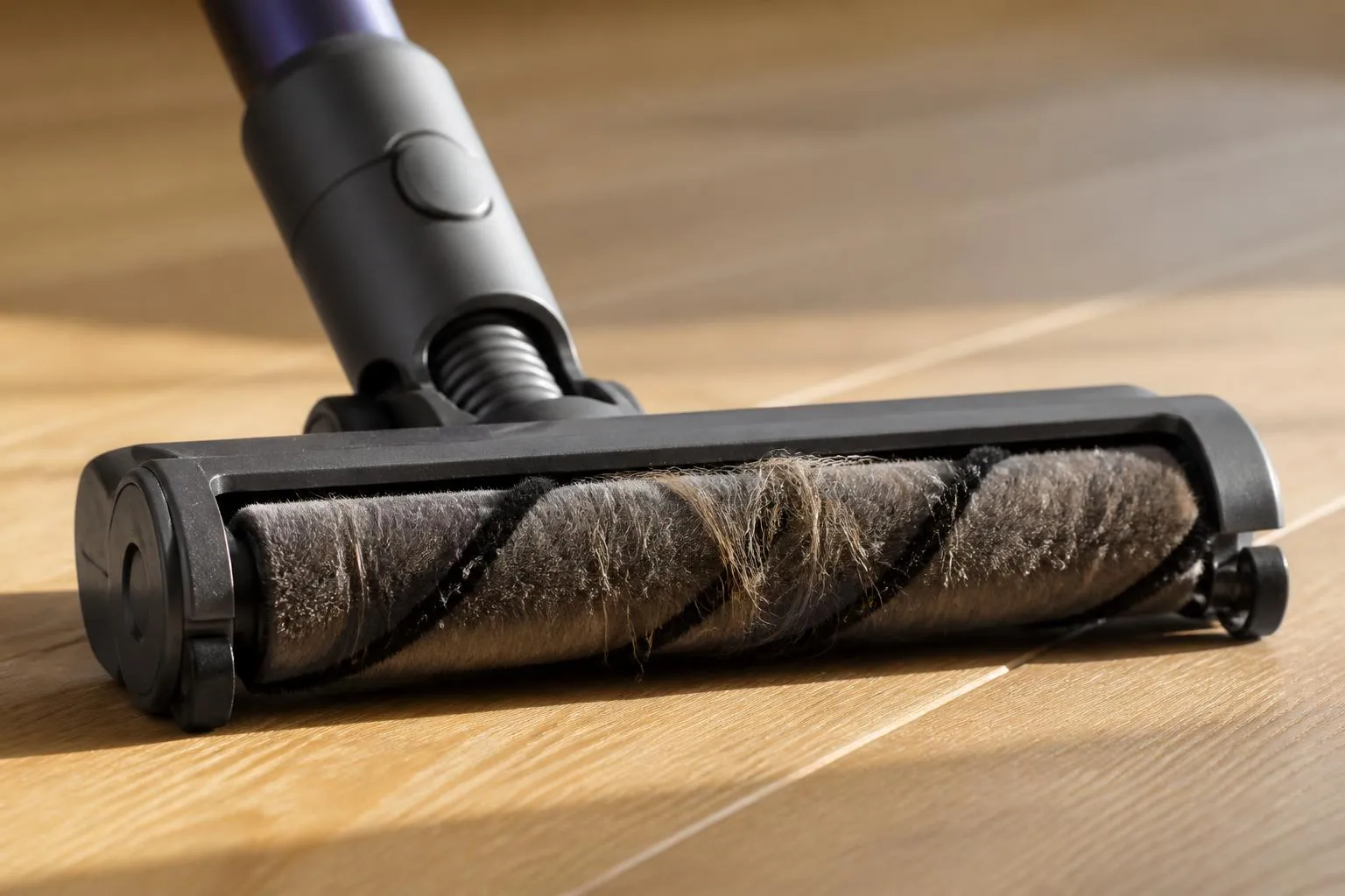 Brosse motorisée d'aspirateur balai posée sur un parquet clair, poils apparents en lumière rasante.