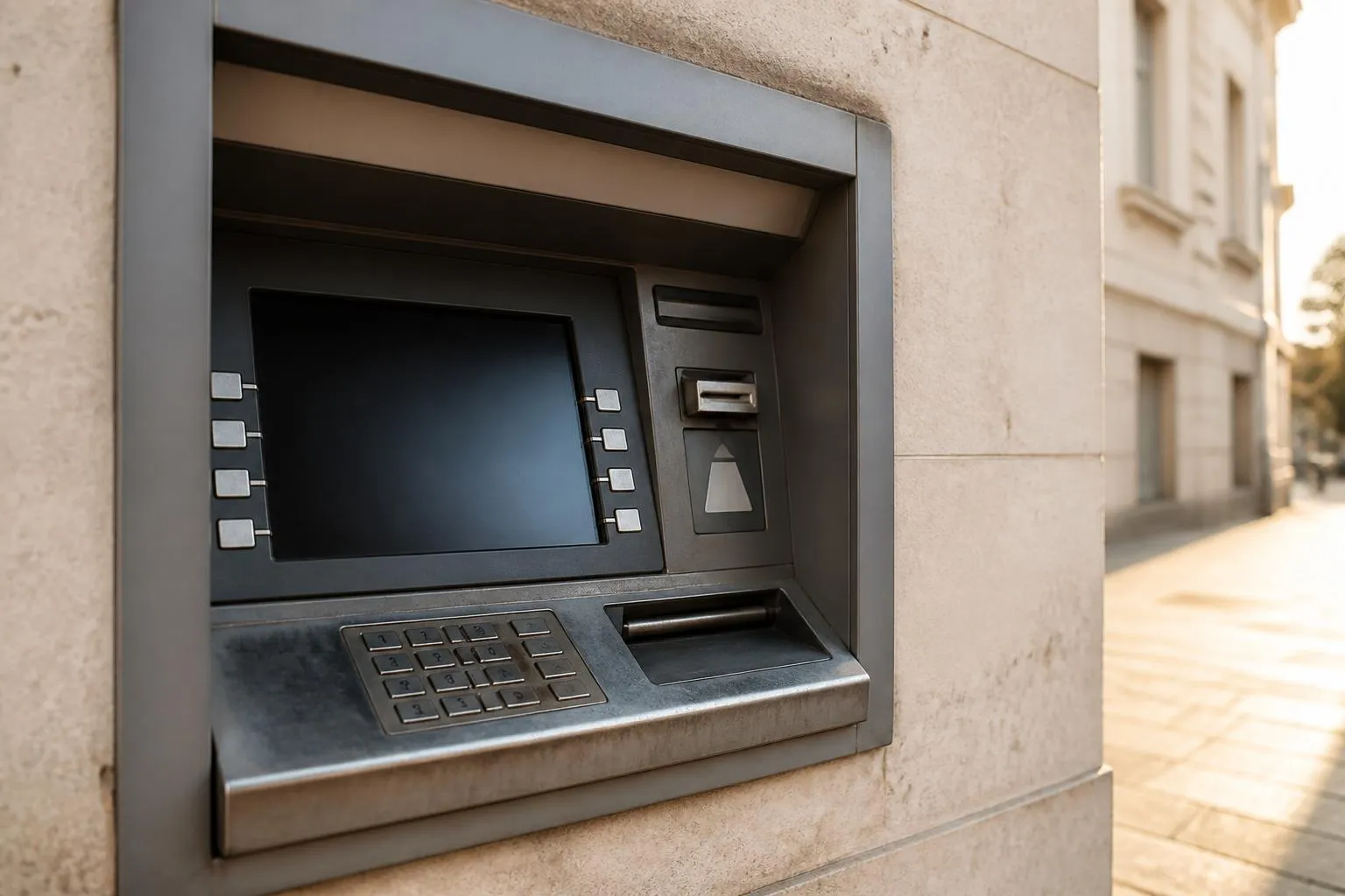 Distributeur automatique de billets encastré dans une façade de pierre, clavier métallique usé