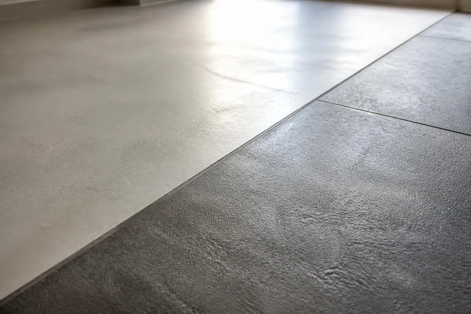 Un sol en béton ciré gris continu s’arrêtant net contre un carrelage en grès cérame, la limite entre les deux matières visible au ras du sol.