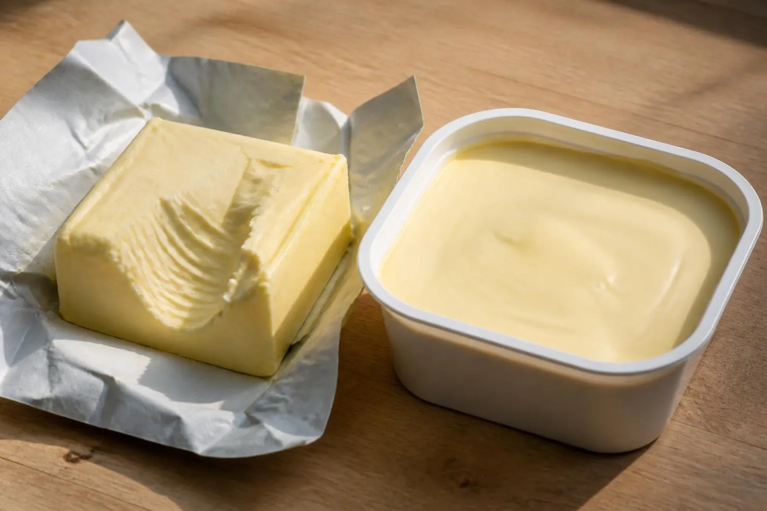 Une plaquette de beurre entamée et une barquette de margarine ouverte posées côte à côte sur un plan de travail.