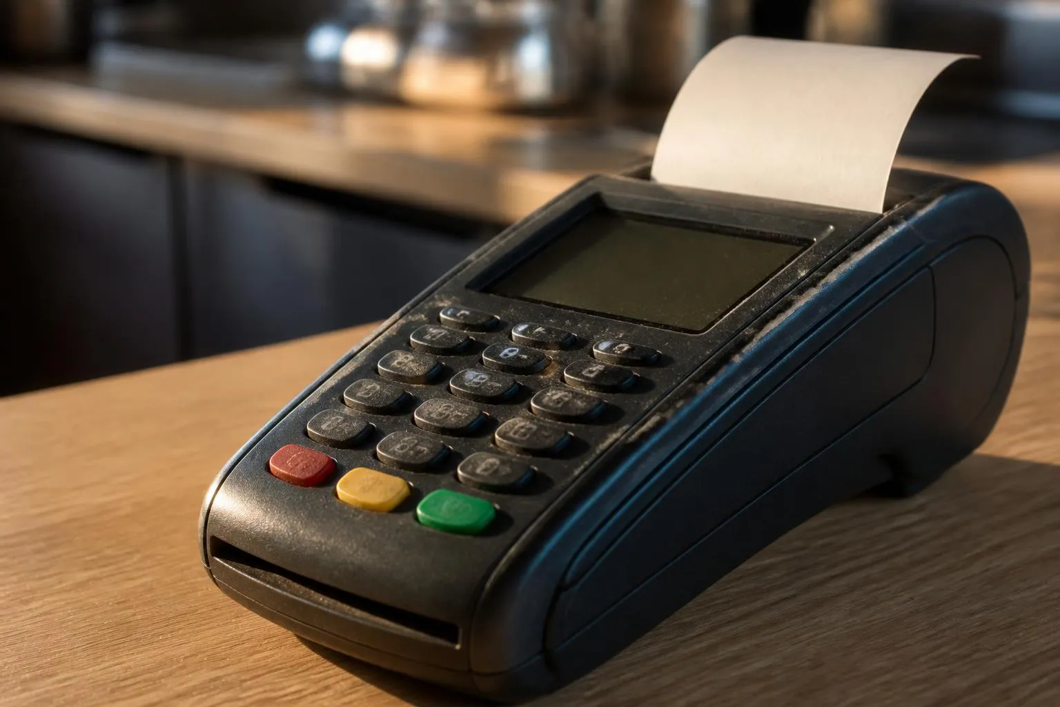 Terminal de paiement posé sur un comptoir de bois, clavier usé, écran éteint