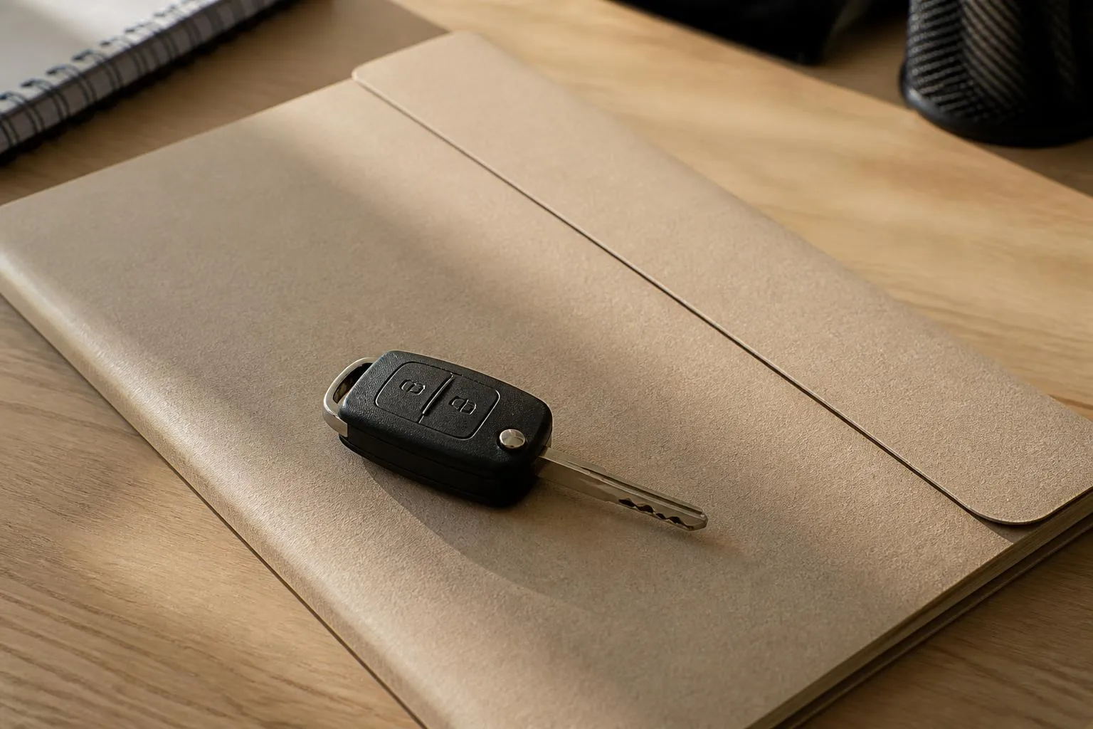 Une chemise cartonnée fermée par un élastique, posée à plat sur une table en bois, une clé de voiture dessus.