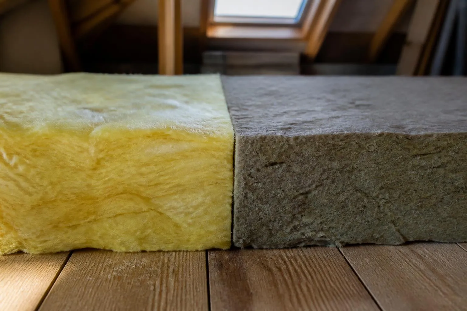 Deux chutes d'isolant posées côte à côte sur un plancher de combles, fibres jaunes d'un côté, fibres grises tassées de l'autre.
