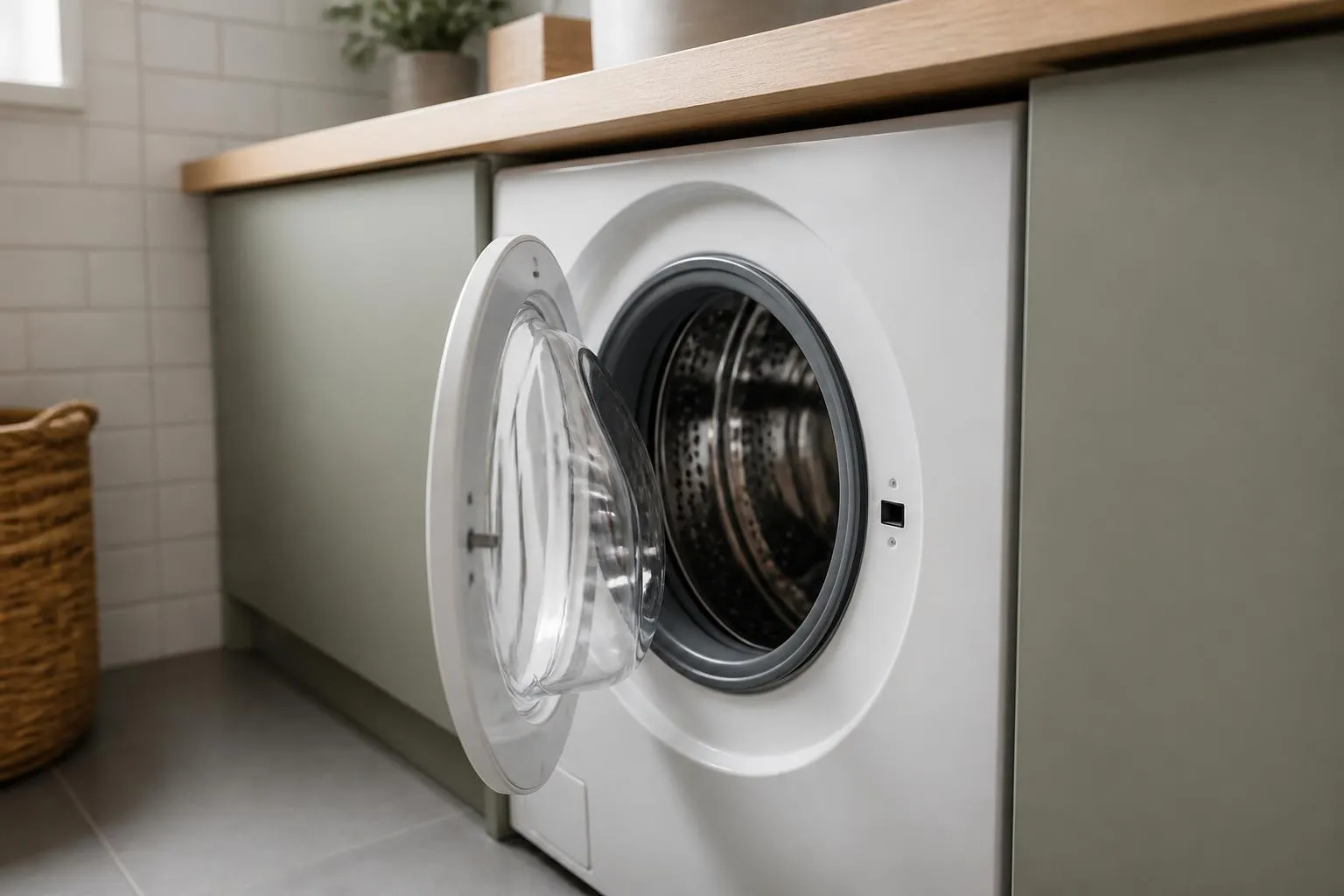 Un lave-linge à hublot encastré sous un plan de travail, porte entrouverte, dans une buanderie carrelée.