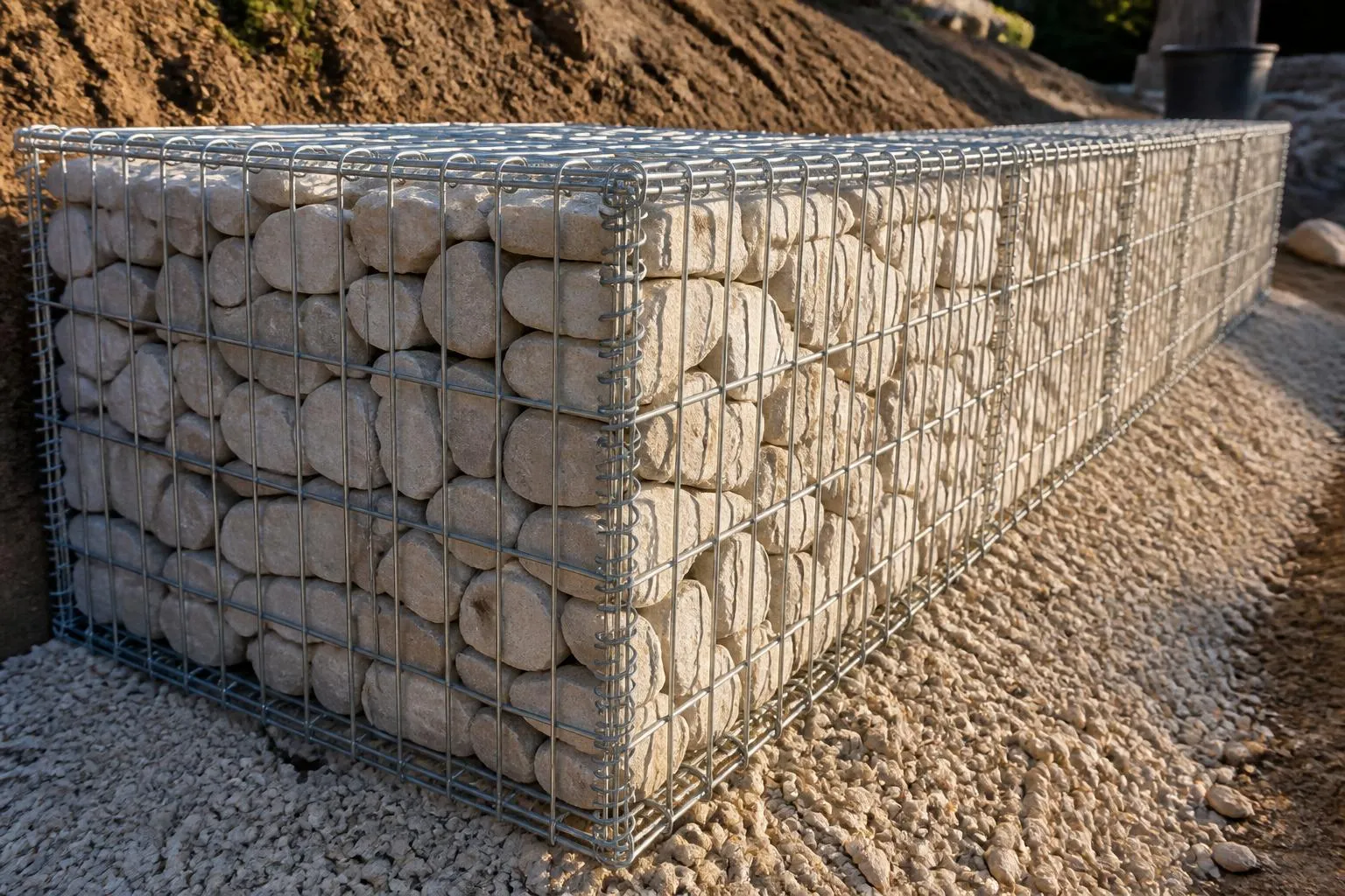 Angle d'un mur en gabion, cage d'acier galvanisé remplie de pierres calibrées, posée sur un lit de grave.
