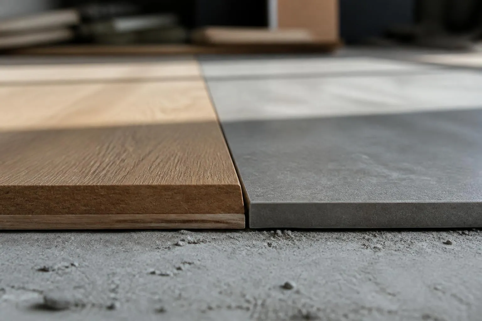 Une lame de parquet en chêne et un carreau de grès cérame posés côte à côte sur une chape.