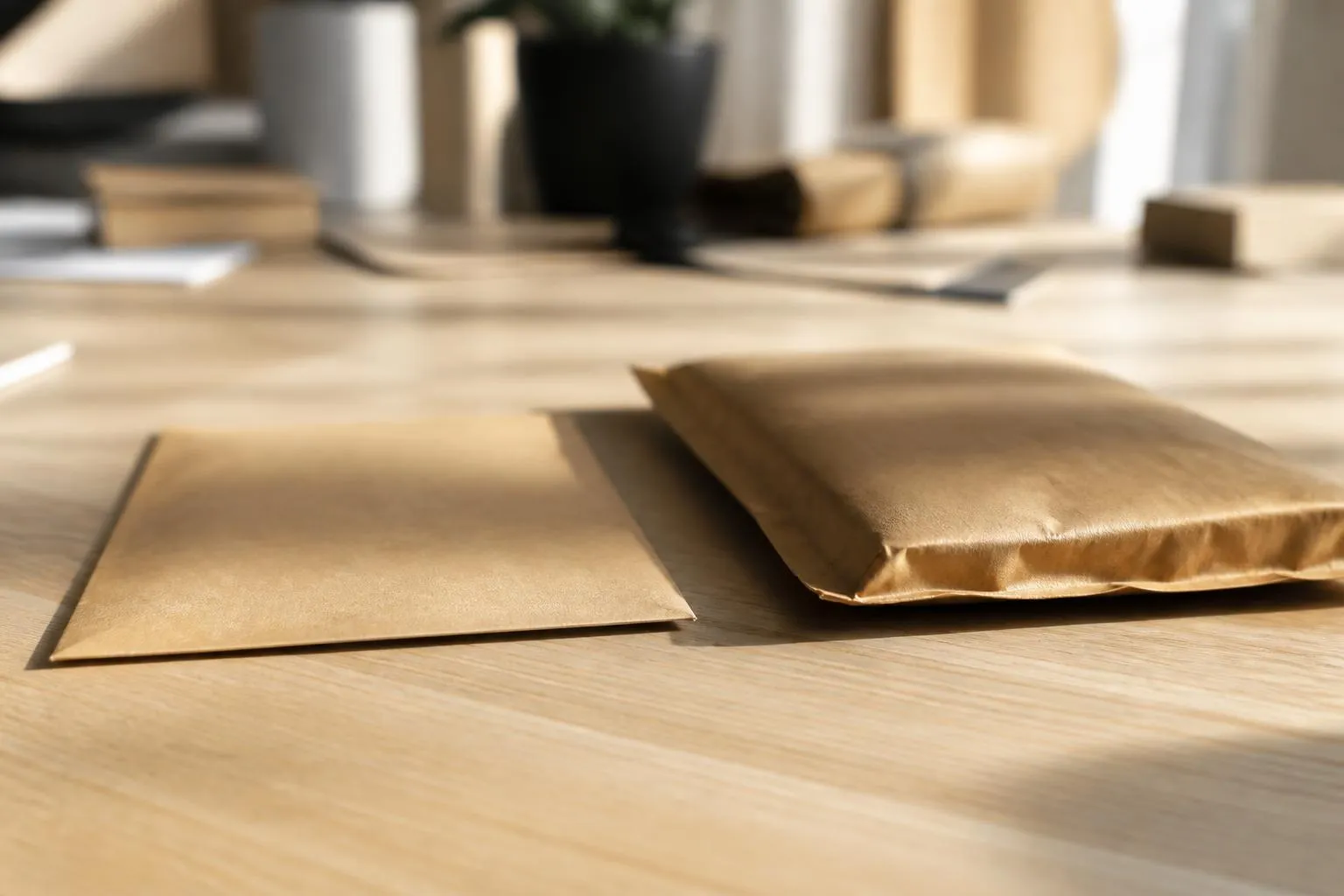 Deux enveloppes kraft d’épaisseurs inégales posées côte à côte sur un bureau en bois clair