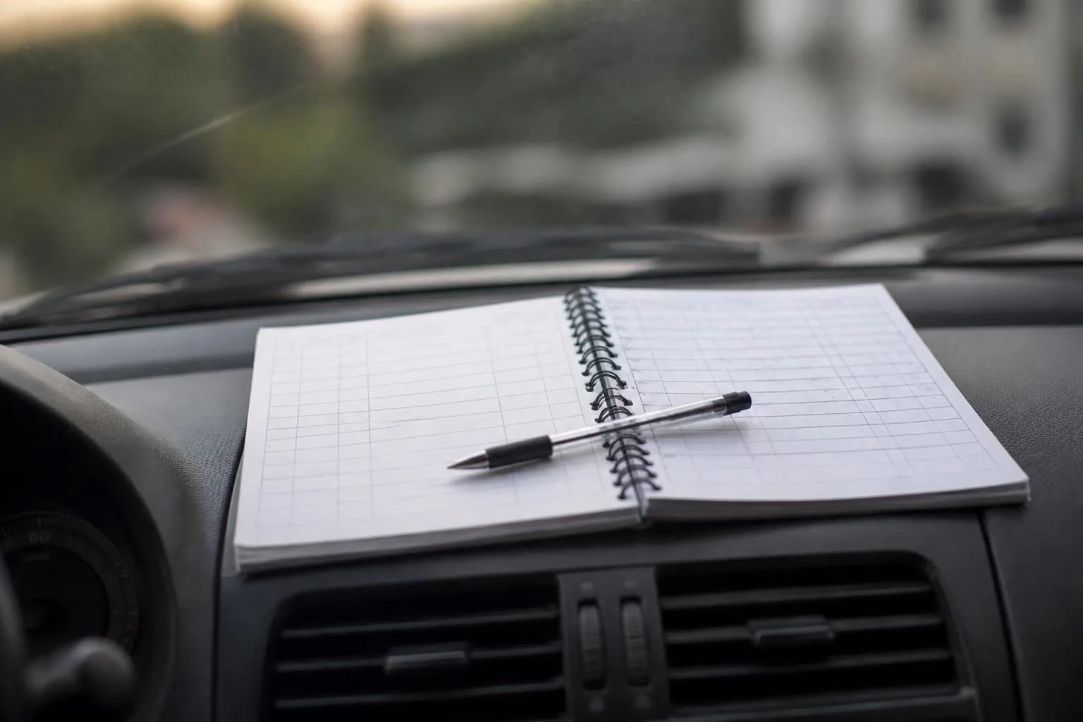 Carnet de bord kilométrique ouvert sur un tableau de bord de voiture, stylo posé en travers